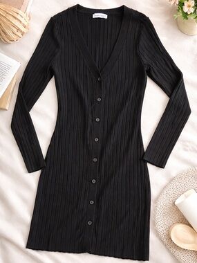 Abercrombie & Fitch Ribbed Button Front Sweater Dress Black XL